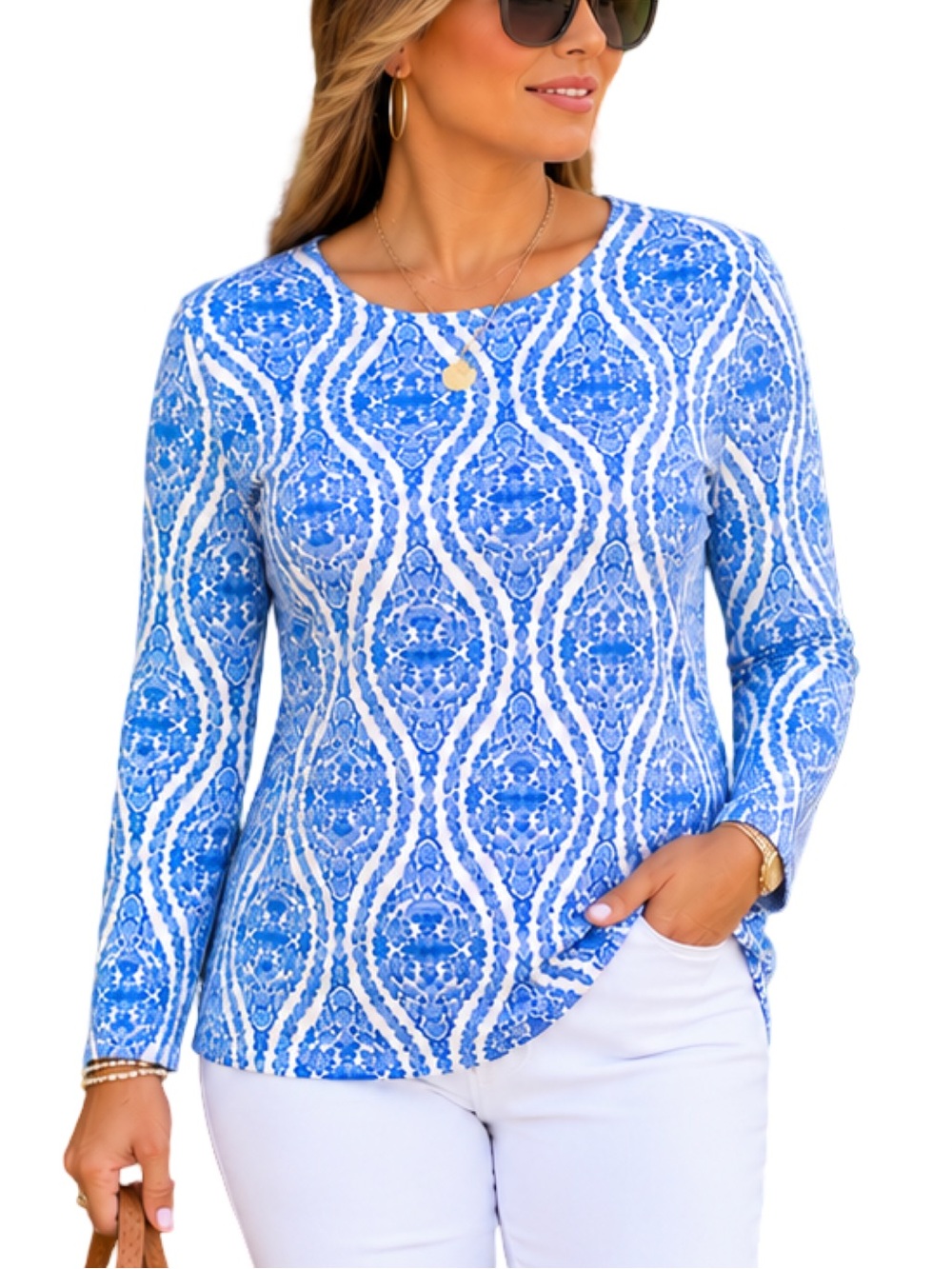 Croft & Barrow Blue White Medallion Print Long Sleeve Top Medium